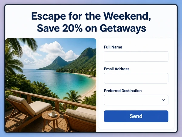 A travel landing page carrying the advert offer beside a three field enquiry form