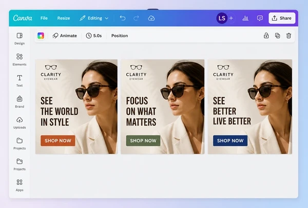 Three eyewear brand advert designs being compared in a Canva editor
