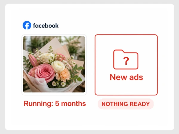 Fern & Bloom shows one Facebook ad running five months beside a New ads folder with a red question mark, marked Nothing Ready.