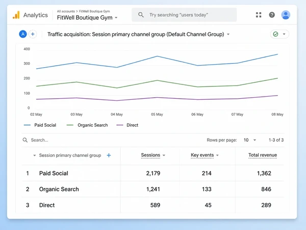 A Google Analytics table showing paid social sessions and revenue for a boutique gym
