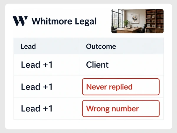 Whitmore Legal scores a client, an unanswered contact, and a wrong number equally as Lead +1.