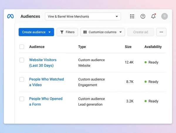 A Meta Ads Manager audiences list with three saved wine merchant remarketing audiences