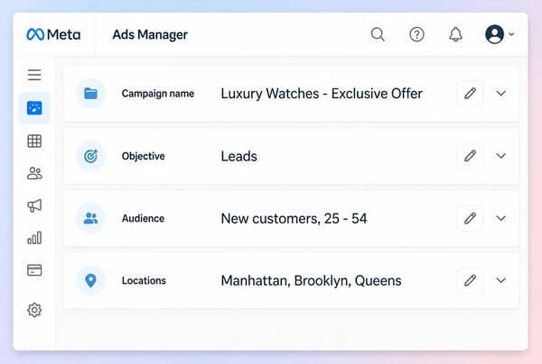 A Meta Ads Manager campaign setup for a luxury watches offer with objective, audience and locations