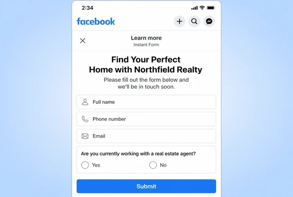 A Meta instant lead form for a real estate agency with four short fields and a submit button