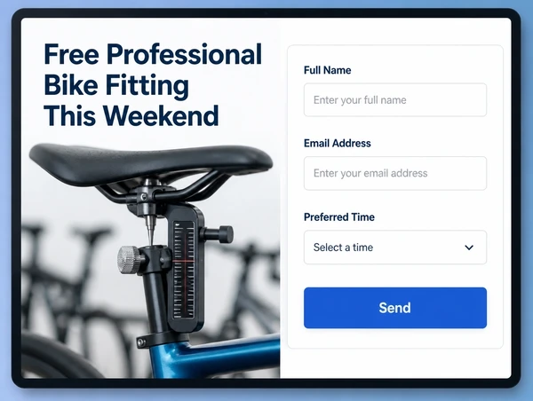 A performance cycling landing page carrying the advert offer beside a three field enquiry form
