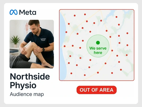 Northside Physio shows red audience dots outside its green service circle on a Meta map marked Out of Area.