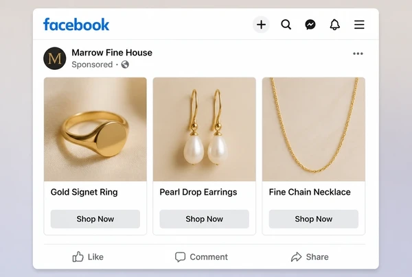 A carousel advert in the Facebook feed showing three jewellery pieces, each named under its photo
