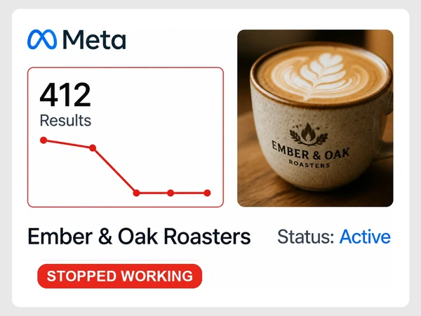 Ember & Oak Roasters Meta ad remains active after its results line falls flat.