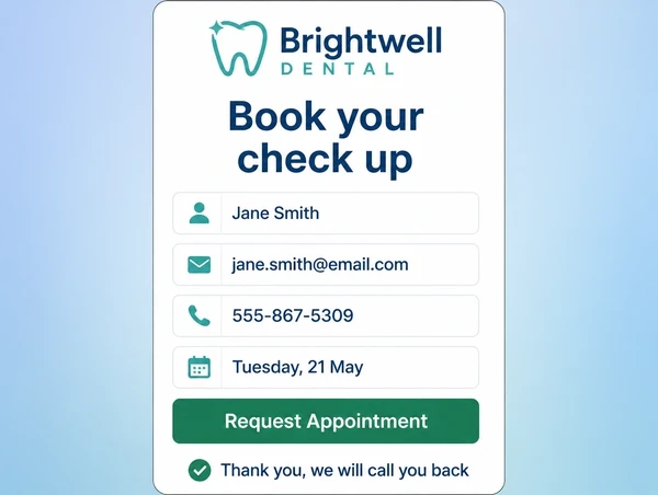 A completed four field appointment form on a phone with a thank you tick beneath it