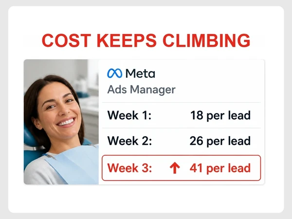 Brightside Dental Meta report shows cost per lead climbing across three weeks from 18 to 41.