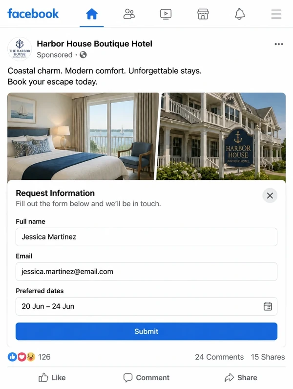 A Facebook feed advert for a boutique hotel with its lead form open showing name, email and preferred dates.