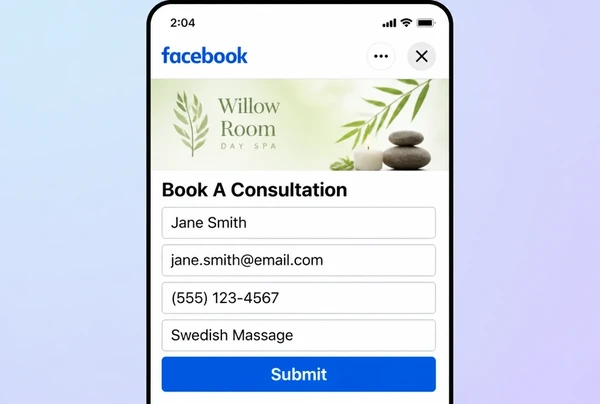 A Facebook lead form with four completed fields and a submit button for a spa consultation