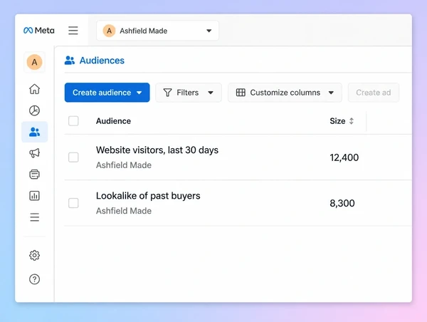 A Meta Ads Manager audiences list with a website visitors audience and a lookalike audience