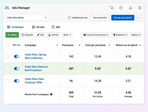 A Meta Ads Manager table showing purchases, cost per purchase and return on ad spend