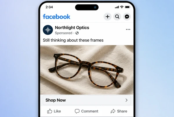 A sponsored eyewear post in the Facebook feed reminding a shopper about frames they viewed