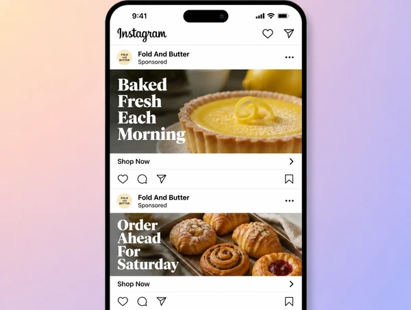 Two sponsored patisserie posts in the Instagram feed, each with a different photo and headline