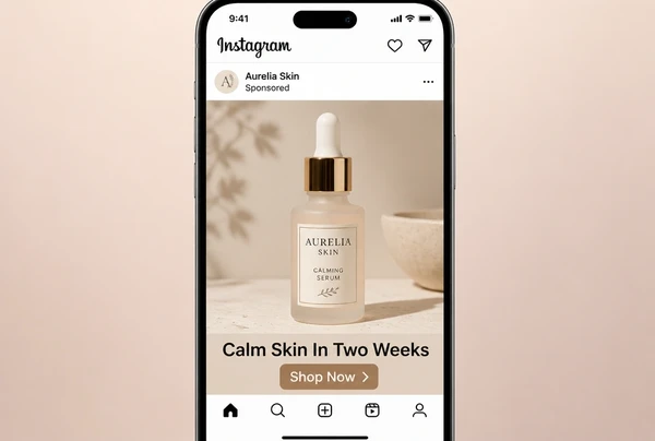 A sponsored skincare post in the Instagram feed with a headline and a Shop Now button