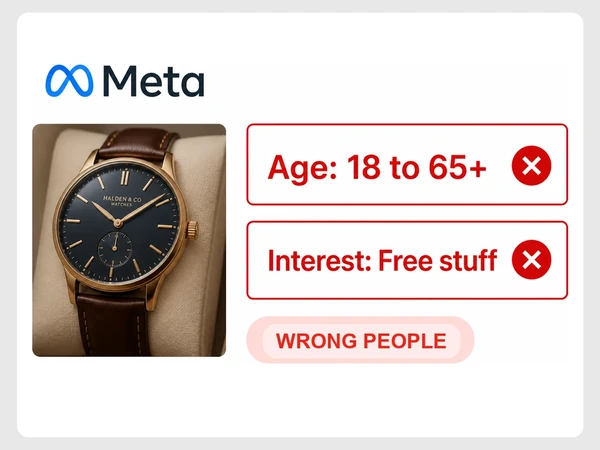 Halden & Co Watches Meta audience targets ages 18 to 65 plus and people interested in free stuff.