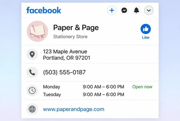 The About section of a stationery brand Facebook Page showing address, phone, hours and link
