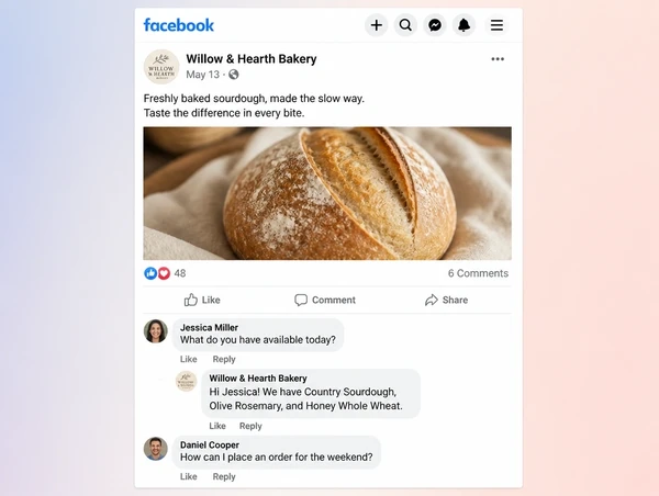 An artisan bakery Facebook post with two customer questions and a reply from the Page