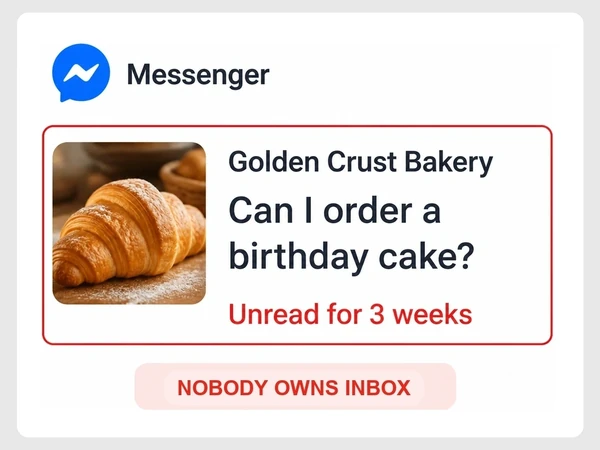 Golden Crust Bakery shows a Messenger cake order question unread for three weeks and marked Nobody Owns Inbox.