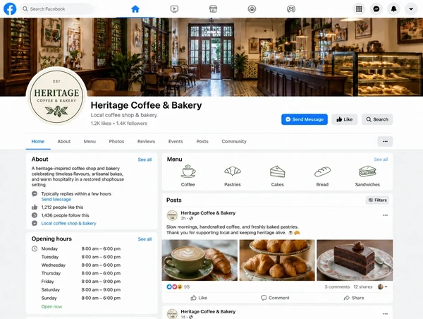 A Facebook business page for a coffee shop and bakery with a menu tab and opening hours