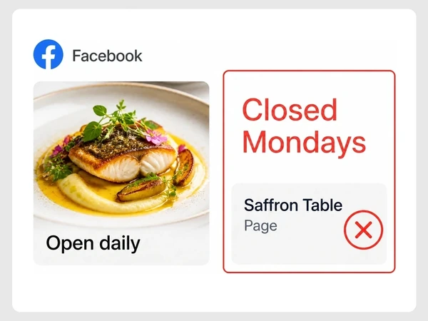 Saffron Table shows an Open daily Facebook ad beside page information stating Closed Mondays.
