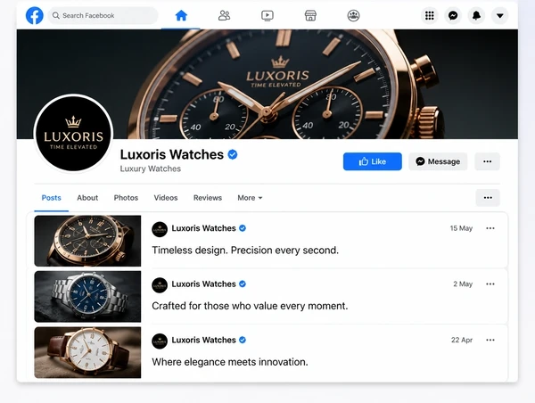 A luxury watches Facebook Page timeline with three recent posts and a cover photograph