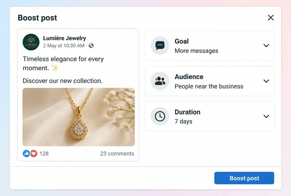 A Meta Business Suite boost panel setting goal, audience and duration for a jewellery boutique post