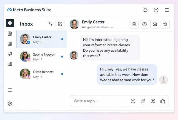 A Meta Business Suite Inbox with a pilates studio customer question and an agreed reply