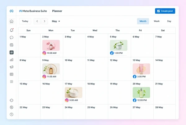 A Meta Business Suite Planner month with six scheduled posts for a skincare brand