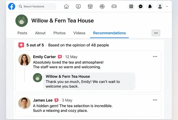 Two recommendations on a tea house Facebook Page, one with a reply from the business