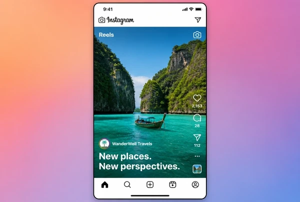 A travel Reel playing in Instagram with two lines of burned in captions