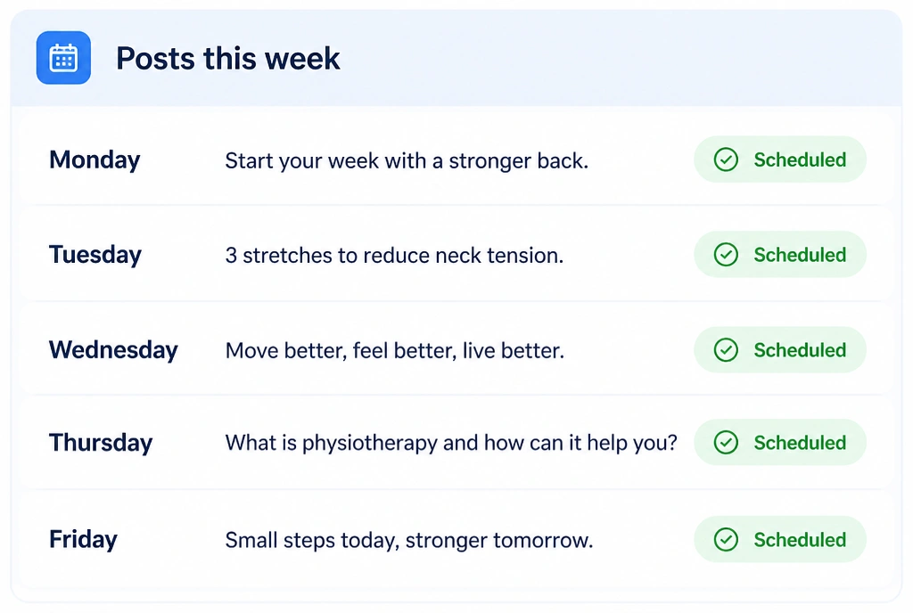A planner listing five scheduled posts for the week for a physiotherapy clinic