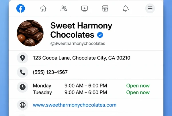 The About section of a chocolate maker Facebook Page showing address, phone, hours and link