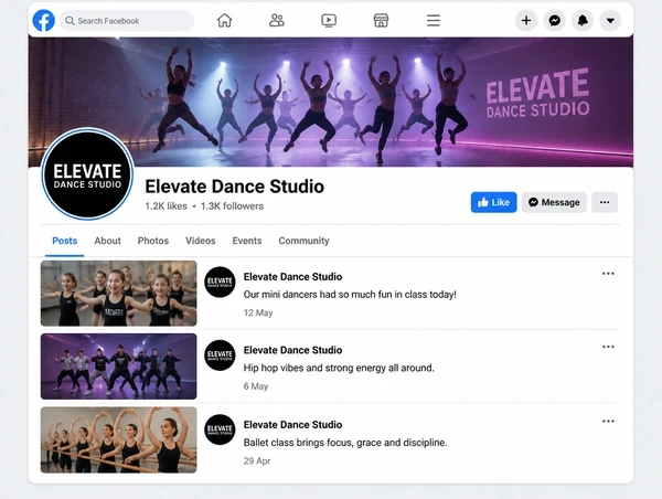 A dance studio Facebook Page timeline with three recent posts and a cover photograph