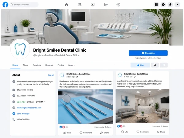 A Facebook business page for a dental clinic with recent posts, services and a Message button