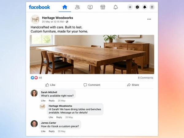 A furniture maker Facebook post with two customer questions and a reply from the Page