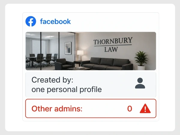 Thornbury Law shows one personal profile created its Facebook page and zero other admins.