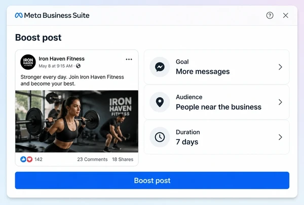 A Meta Business Suite boost panel setting goal, audience and duration for a boutique gym post