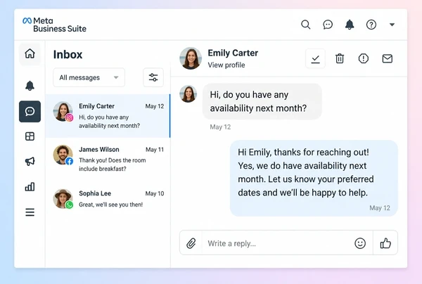 A Meta Business Suite Inbox with a boutique hotel customer question and an agreed reply