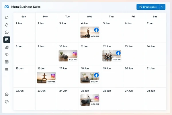 A Meta Business Suite Planner month with six scheduled posts for a yoga studio
