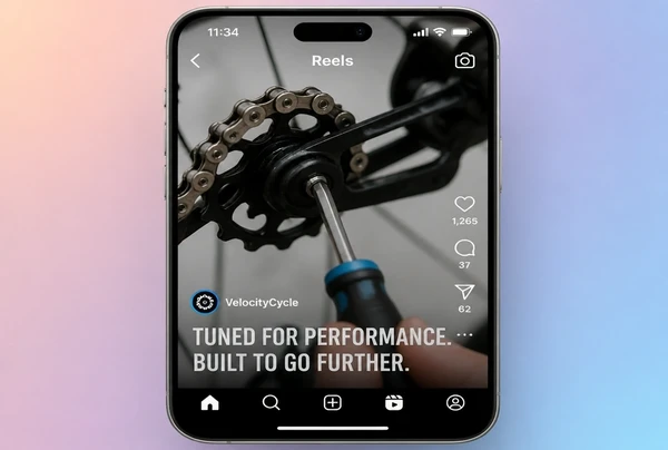 A performance cycling Reel playing in Instagram with two lines of burned in captions