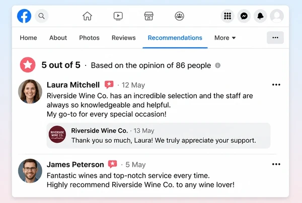 Two recommendations on a wine merchant Facebook Page, one with a reply from the business