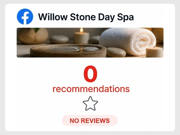 Willow Stone Day Spa shows zero Facebook recommendations above an empty reviews area marked No Reviews.
