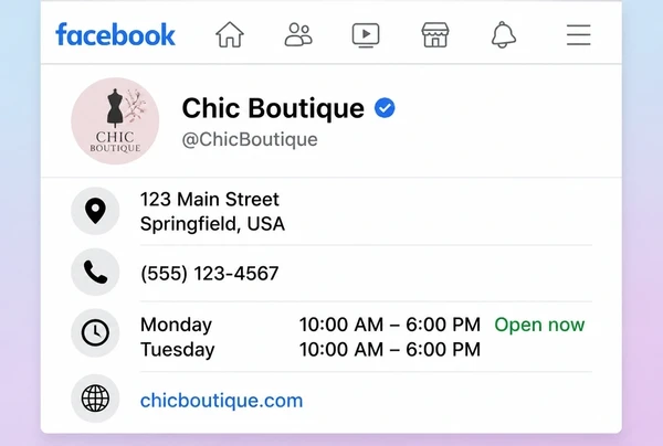The About section of a fashion boutique Facebook Page showing address, phone, hours and link