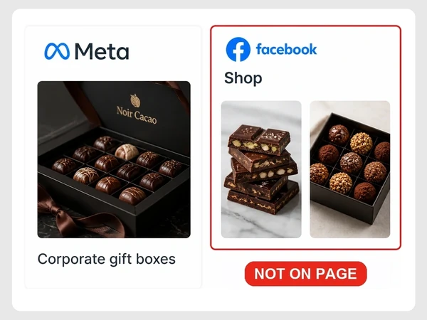 Noir Cacao shows a Corporate gift boxes Meta campaign beside a Facebook shop where gift boxes are absent.