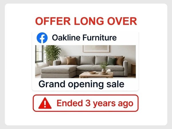 Oakline Furniture shows a pinned Grand opening sale Facebook post that ended three years ago.