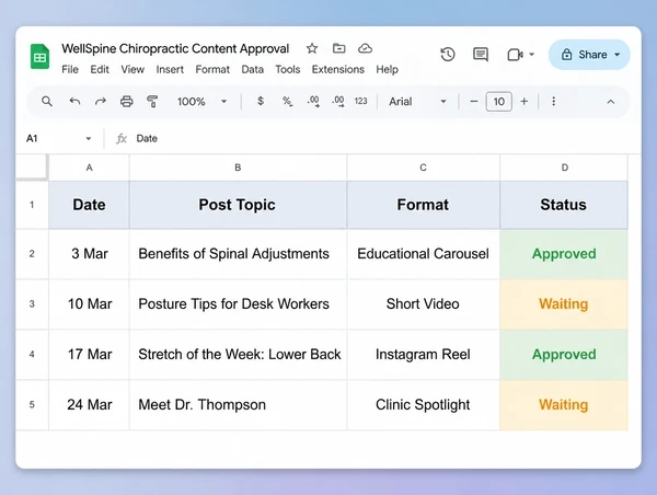 A Google Sheets approval list of four planned chiropractic clinic posts with status cells