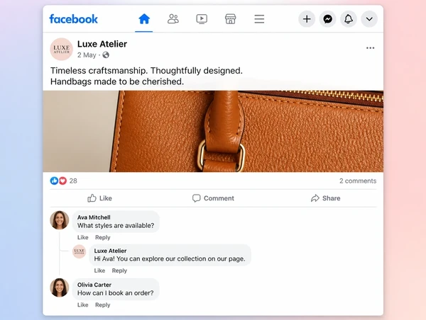 A handbag brand Facebook post with two customer questions and a reply from the Page